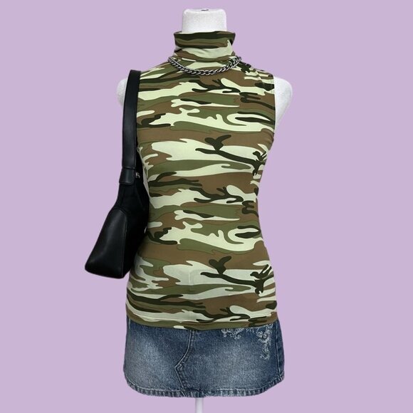 earth tone camo y2k mock neck sleeveless top quirky mcbling grunge downtown - Picture 1 of 8
